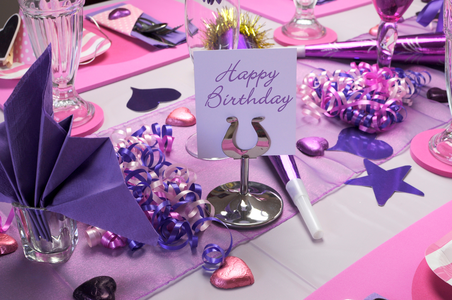 Pink and purple theme Happy Birthday party table